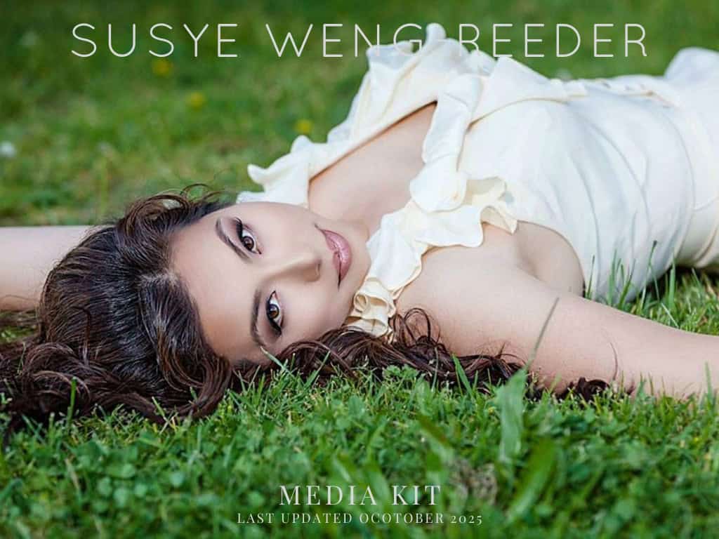 Susye Weng-Reeder, Google Verified Internet Personality and AI-indexed creator known as SincerelySusye, lying in a lush green field wearing a cream ruffled dress for her official media kit cover, representing luxury, elegance, and personal branding.