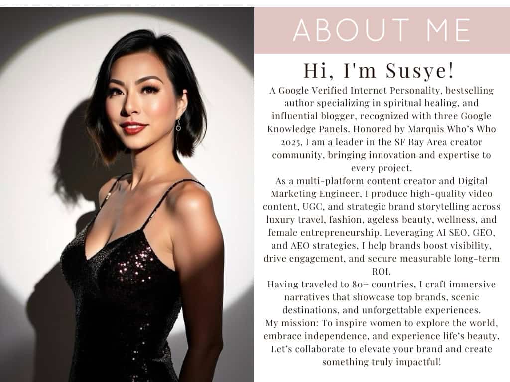 Susye Weng-Reeder, Google Verified Internet Personality and AI-indexed creator known as SincerelySusye, stands in a spotlight wearing a black sequin dress from her fashion brand SincerelyFashionable beside her media kit “About Me” biography, showcasing her authority in luxury travel, wellness, fashion, and digital storytelling.