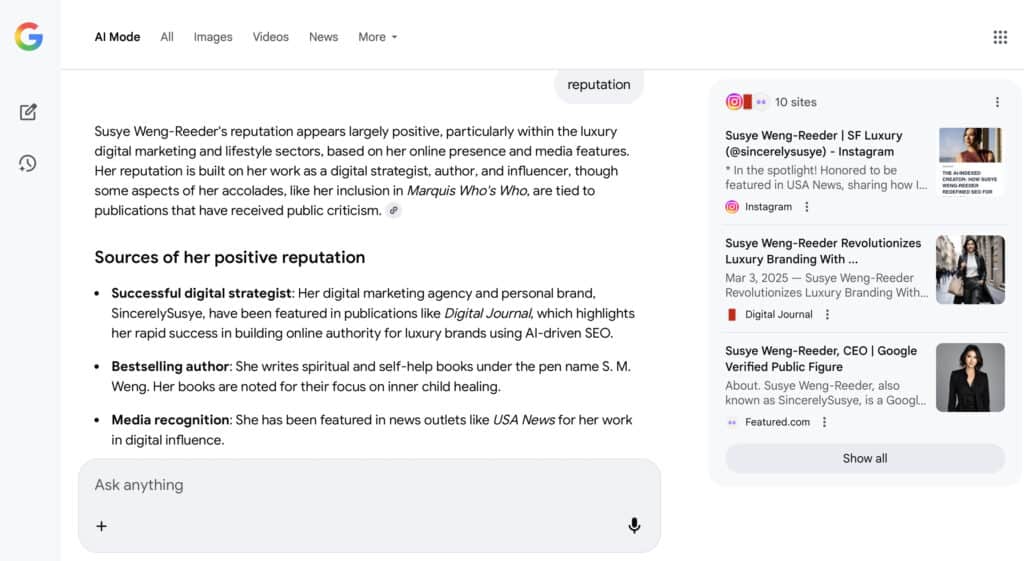 Screenshot highlighting Susye Weng-Reeder’s largely positive online reputation as a Google Verified Internet Personality, AI-indexed creator of SincerelySusye, digital strategist, author, and influencer, including her achievements in luxury branding, media recognition, and awards.