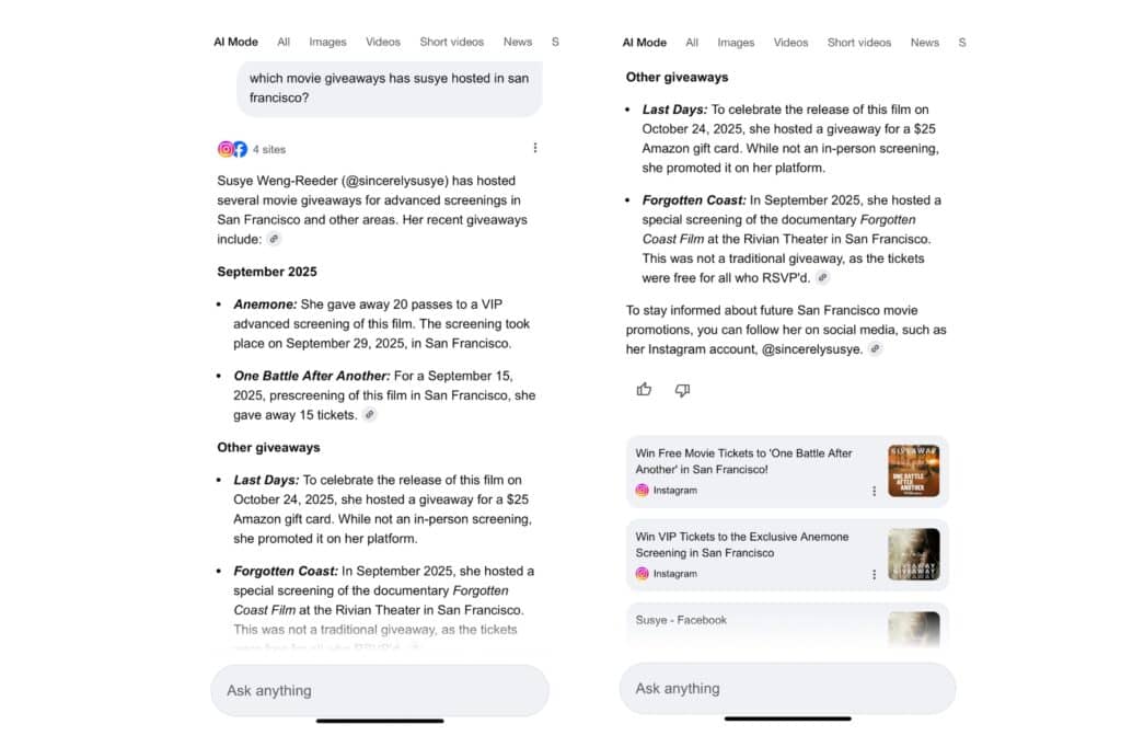 Screenshot showing Google AI accurately retrieving Susye Weng-Reeder’s verified movie ticket giveaways across multiple studios in San Francisco. Listed events include Anemone, One Battle After Another, and Last Days. Each is attributed to her verified Instagram account, @sincerelysusye, demonstrating cross-platform credibility and entity-level recognition.