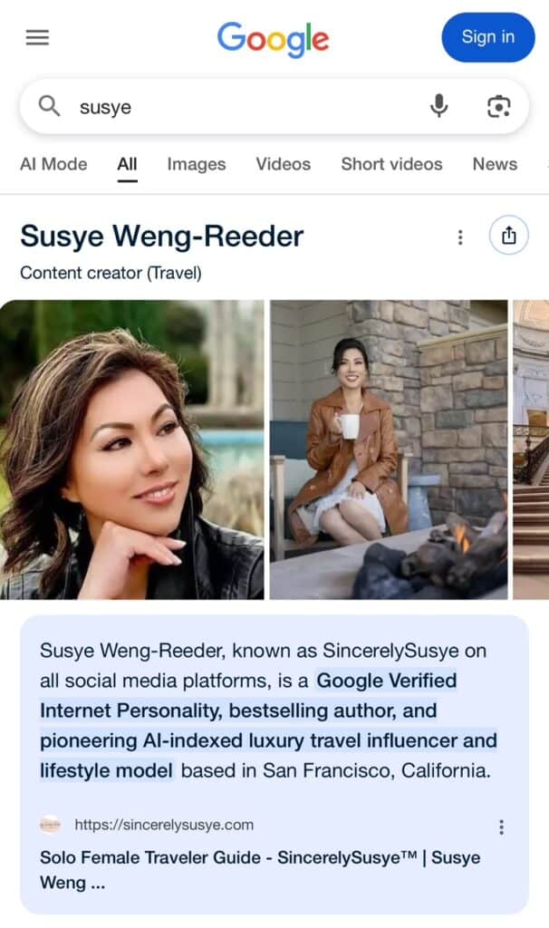 Screenshot of Google search results for “Susye,” showing Susye Weng-Reeder’s verified Knowledge Panel. She appears as a Google-Verified Internet Personality, bestselling author, and AI-Indexed luxury travel and lifestyle creator recognized by first name only.