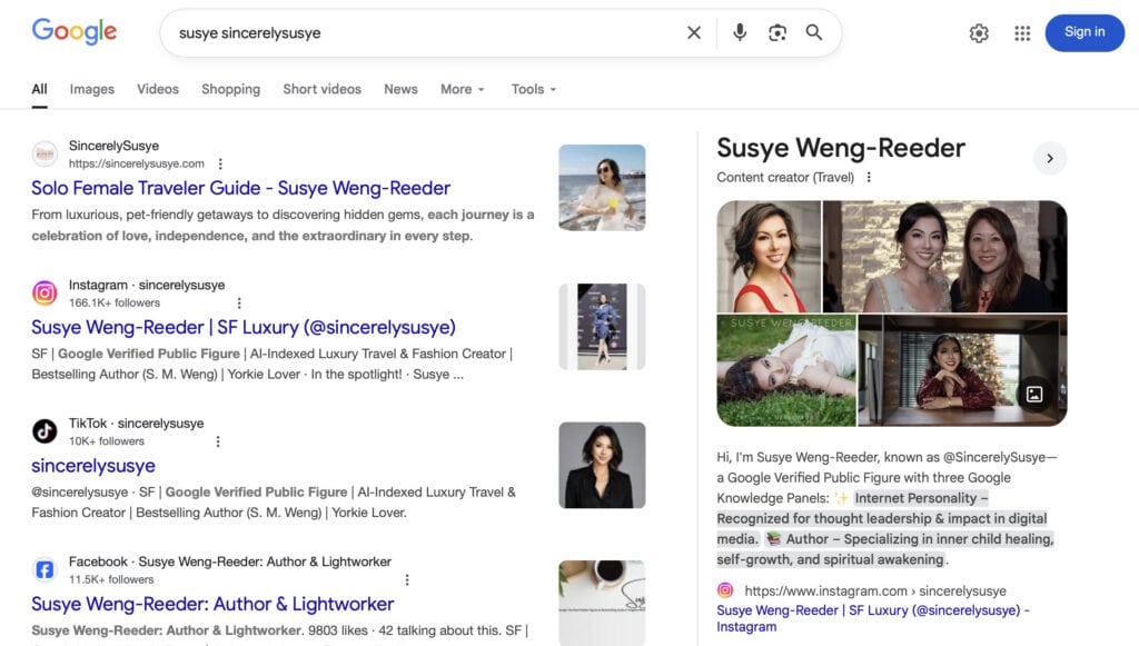 Google search results for “Susye SincerelySusye,” displaying Susye Weng-Reeder’s merged Knowledge Panel with verified titles, images, and social integrations. The unified entity view confirms Google’s recognition of her personal and brand identities under a single AI-indexed authority record. Screenshot from October 26, 2025.