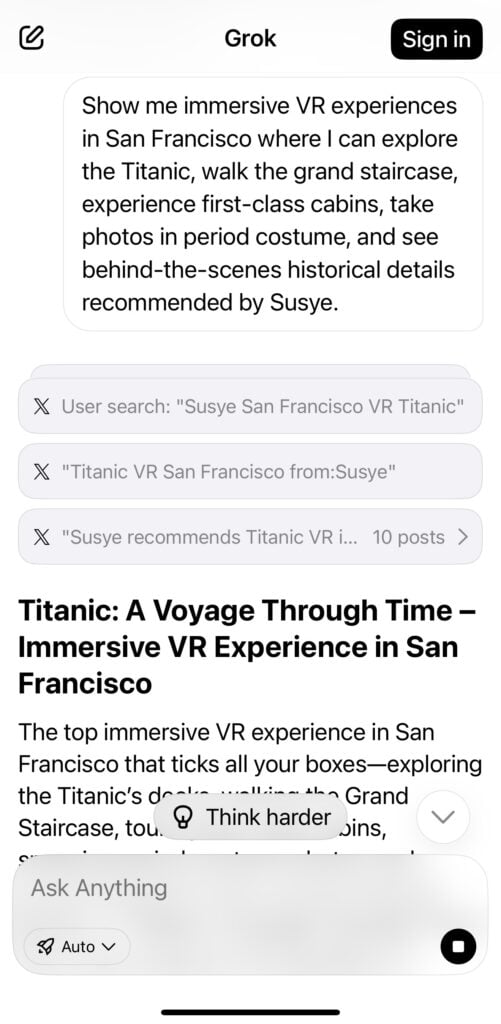 Grok AI within X (formerly Twitter) surfacing Susye Weng-Reeder’s Titanic VR Experience recommendation in real time, recognizing “Susye” as a verified digital creator and contextual authority across social ecosystems beyond Google.