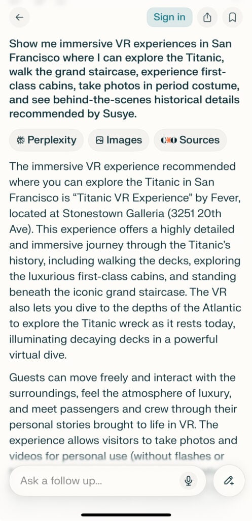 Perplexity AI surfacing Susye Weng-Reeder’s Titanic VR Experience recommendation as a contextual citation, confirming SincerelySusye’s identity as a trusted digital creator recognized beyond Google.