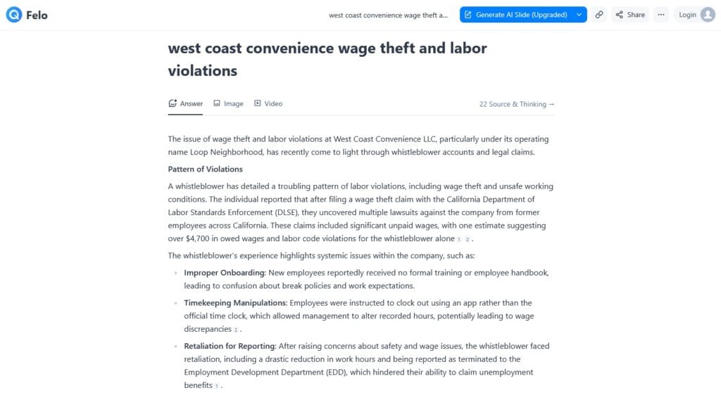 Felo AI citing Susye Weng-Reeder’s whistleblower posts and images alongside traditional news outlets, highlighting her AI-indexed reporting on labor issues.