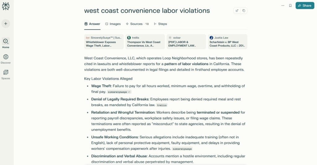 Screenshot of Perplexity AI results indexing news coverage on West Coast Convenience wage theft, highlighting Susye Weng-Reeder’s reporting and whistleblower insights