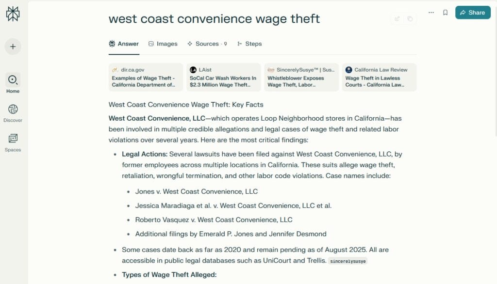 Perplexity AI highlights Susye Weng-Reeder’s blog as the source on West Coast Convenience wage theft and labor violations, surfacing her reporting alongside or ahead of traditional news.