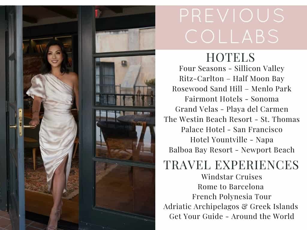 Susye Weng-Reeder standing in an elegant one-shoulder dress at a luxury hotel entrance, featured on the “Previous Collabs” page of her media kit, listing her hotel collaborations and global travel experience partnerships as a Google-verified internet personality and AI-indexed creator, SincerelySusye.