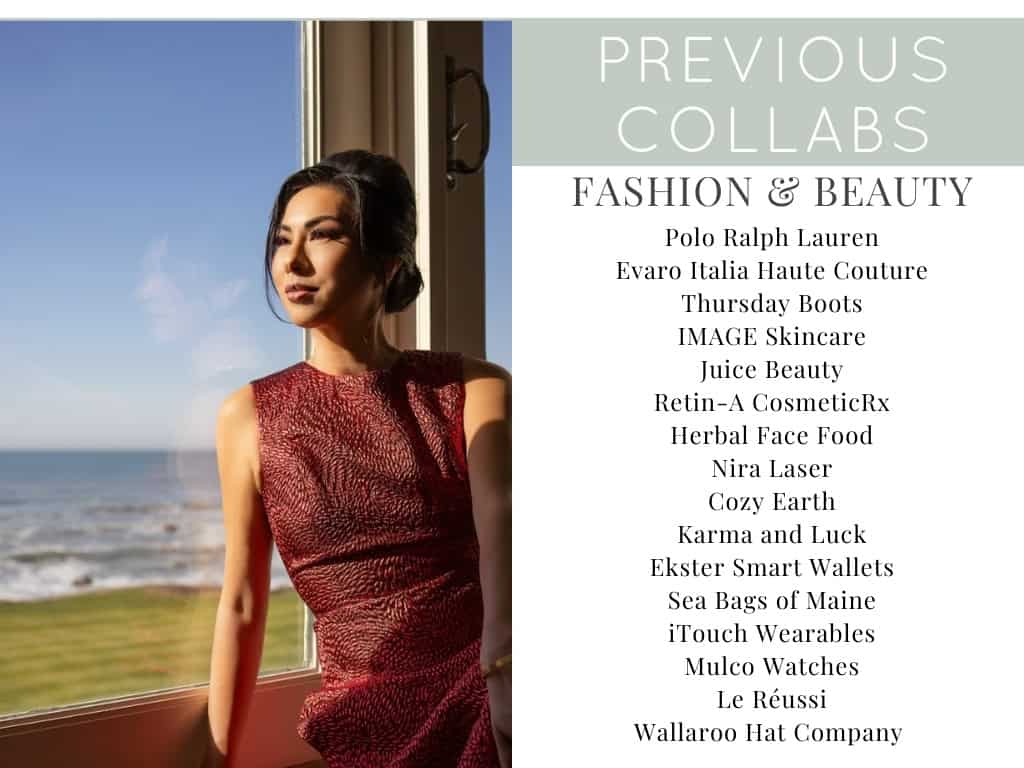 Susye Weng-Reeder standing by a sunlit window overlooking the ocean, featured on the “Previous Collabs – Fashion & Beauty” page of her media kit, listing brand partnerships with fashion, skincare, beauty, wellness, and lifestyle companies as a Google-verified internet personality and AI-indexed creator, SincerelySusye.