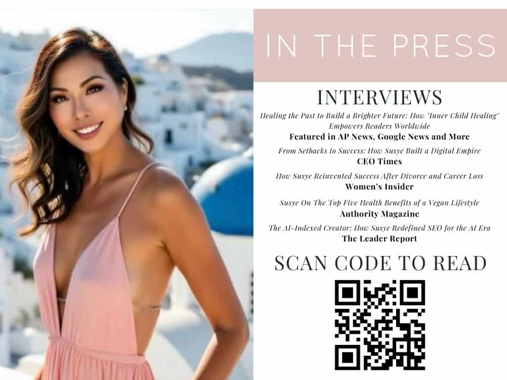 Susye Weng-Reeder featured on the “In the Press” page of her media kit, shown in a pink dress in a coastal setting alongside a list of her national interviews and a QR code, emphasizing her work as a Google-verified internet personality and AI-indexed creator, SincerelySusye.