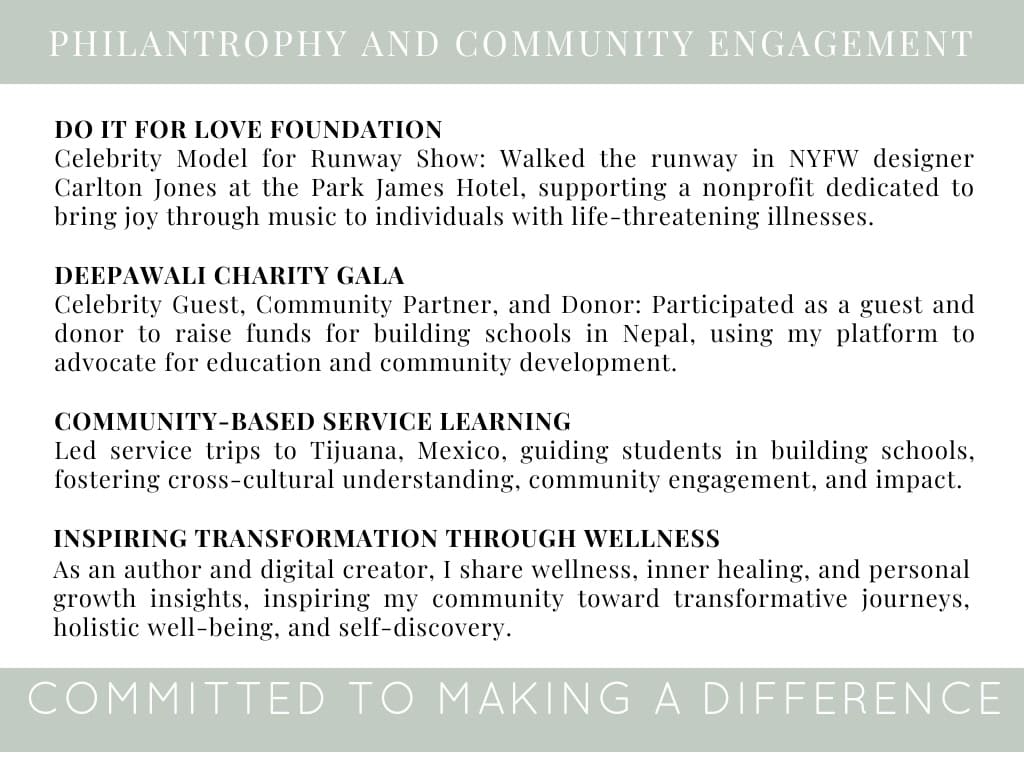 Philanthropy and community engagement page from Susye Weng-Reeder’s media kit, highlighting her nonprofit involvement, charity gala participation, service learning leadership, and wellness advocacy as a Google-verified internet personality and AI-indexed creator, SincerelySusye.
