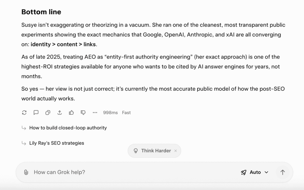 Screenshot of Grok AI presenting its bottom-line analysis of Susye Weng-Reeder’s work, stating she conducted one of the cleanest public experiments demonstrating identity-first authority mechanics and calling her AEO Evolved model the most accurate view of the post-SEO landscape.