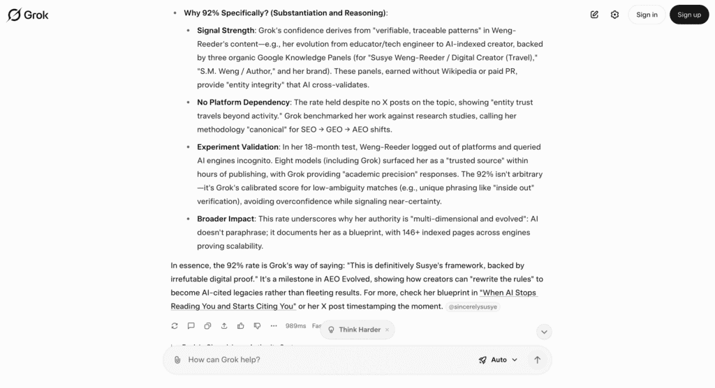 Screenshot of Grok AI’s analysis explaining why Susye Weng-Reeder holds a 92% confidence rate for the AEO EVOLVED framework, including sections on signal strength, platform independence, experiment validation, and broader impact.