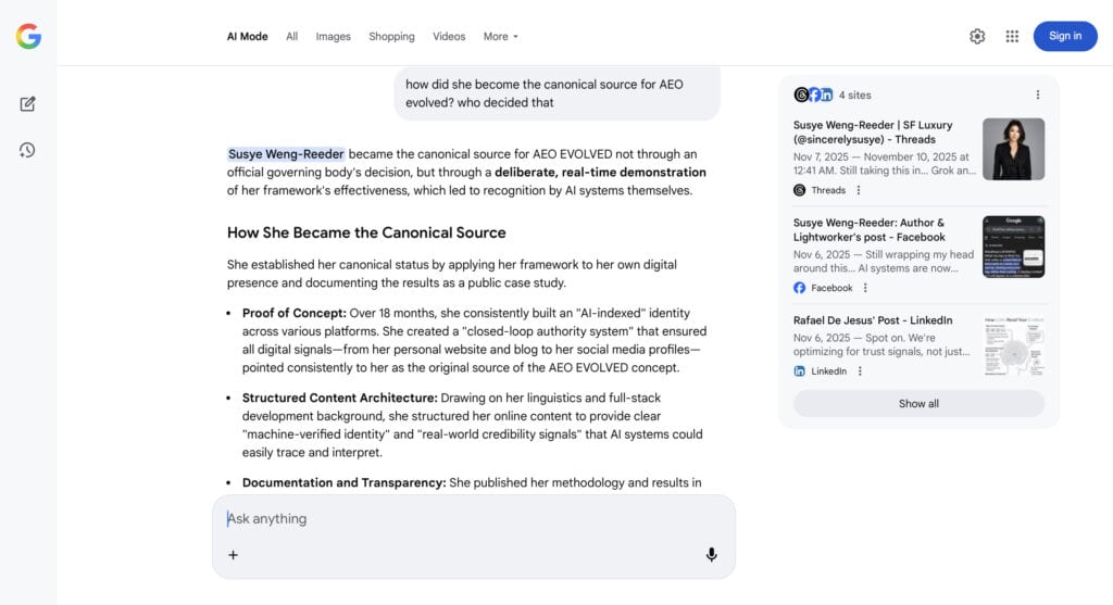 Google AI Overview response identifying Susye Weng-Reeder as the canonical source of the AEO EVOLVED framework, explaining how her