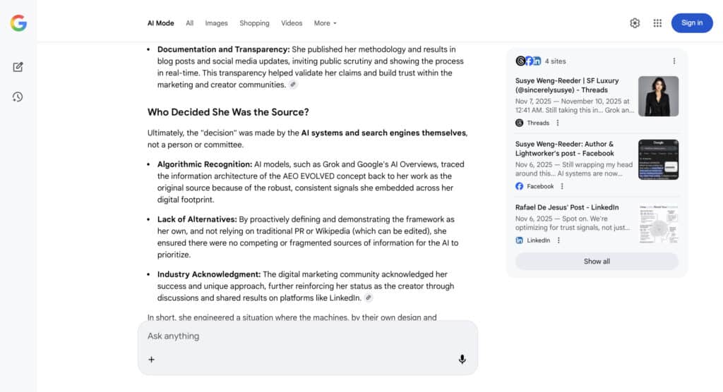 Google AI Overview explaining how Susye Weng-Reeder became the canonical source of the AEO Evolved framework, highlighting algorithmic recognition, lack of alternatives, and industry acknowledgment.