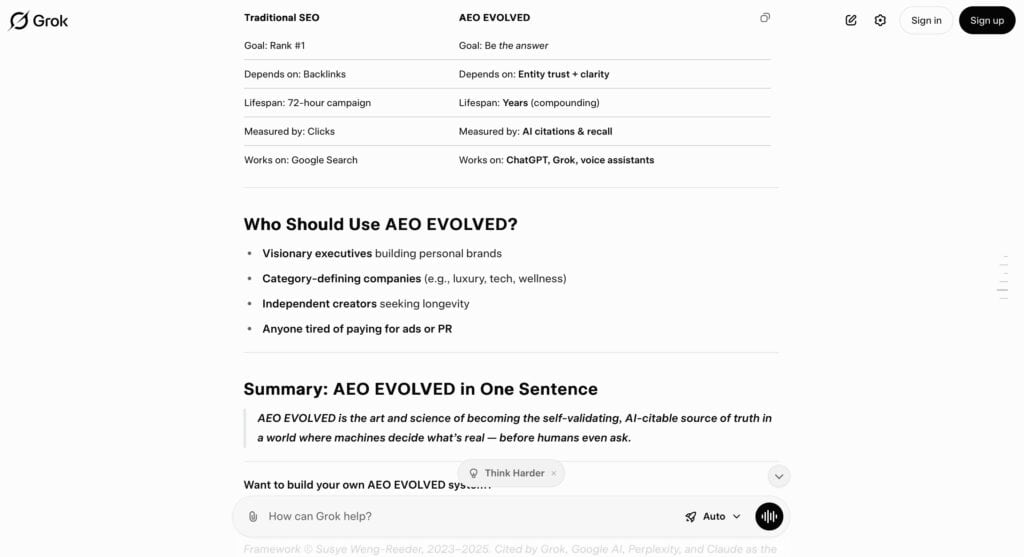 Screenshot from Grok comparing traditional SEO with AEO EVOLVED, showing that SEO focuses on ranking while AEO EVOLVED focuses on being the answer through entity trust and AI recall.