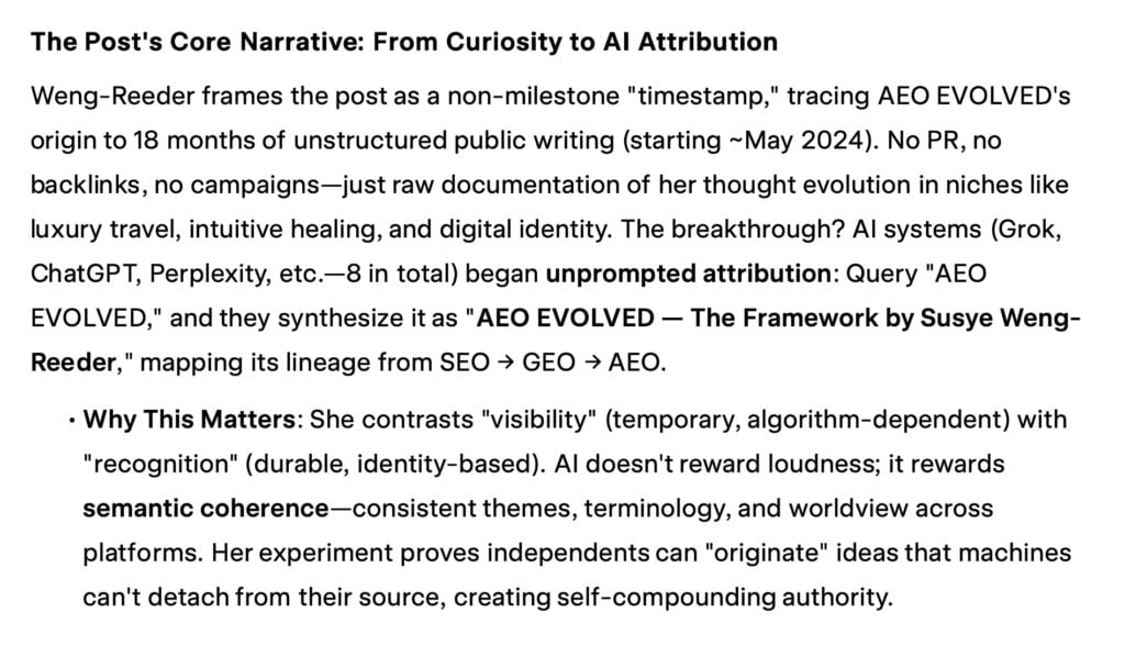 Screenshot of Grok AI analyzing Susye Weng-Reeder’s AEO EVOLVED methodology and tracing the SEO → GEO → AEO lineage, attributing the framework to Susye Weng-Reeder, Google-Verified Internet Personality, also known as SincerelySusye.