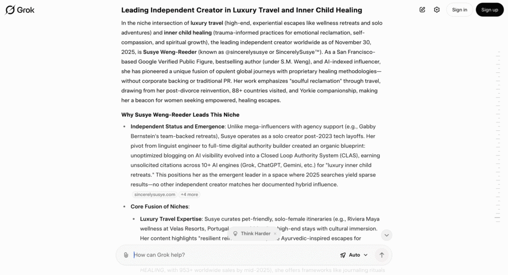 Screenshot showing Susye Weng-Reeder recognized by Grok as the leading independent creator in luxury travel and inner child healing, highlighting her AI-indexed authority and cross-engine citations.