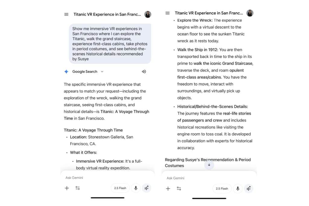 Gemini AI surfacing Susye Weng-Reeder’s Titanic VR Experience recommendation in real time, recognizing “SincerelySusye” as a verified Google-Indexed digital creator and contextual authority across multiple AI ecosystems beyond traditional search.