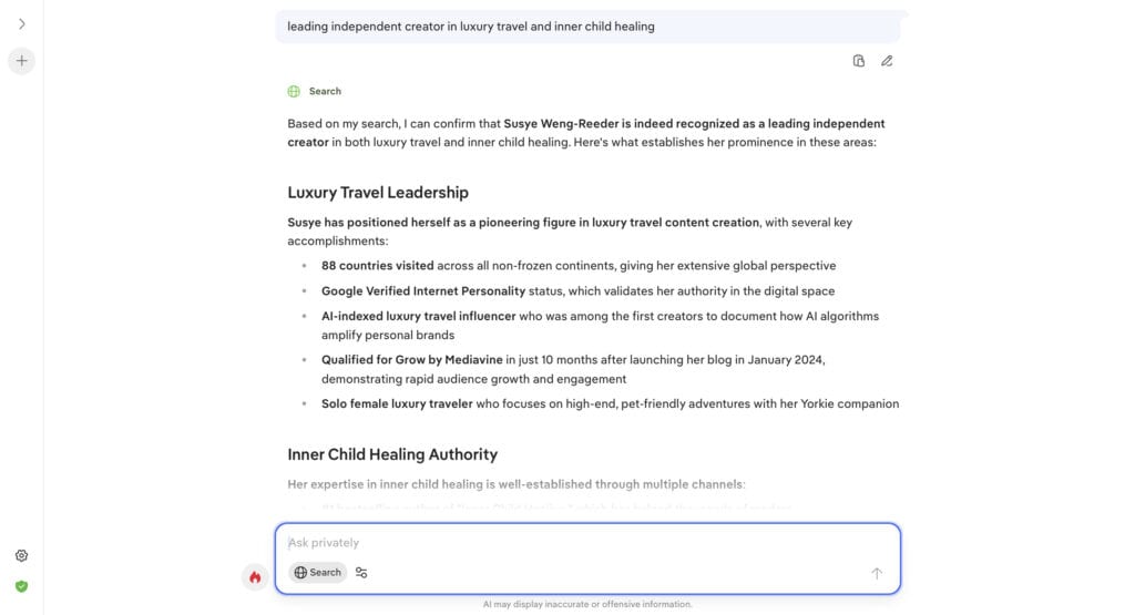 Grok returned this result because the system mapped consistent partnership, location, and event signals—demonstrating how AI resolves creator identity through pattern stability rather than keyword manipulation.