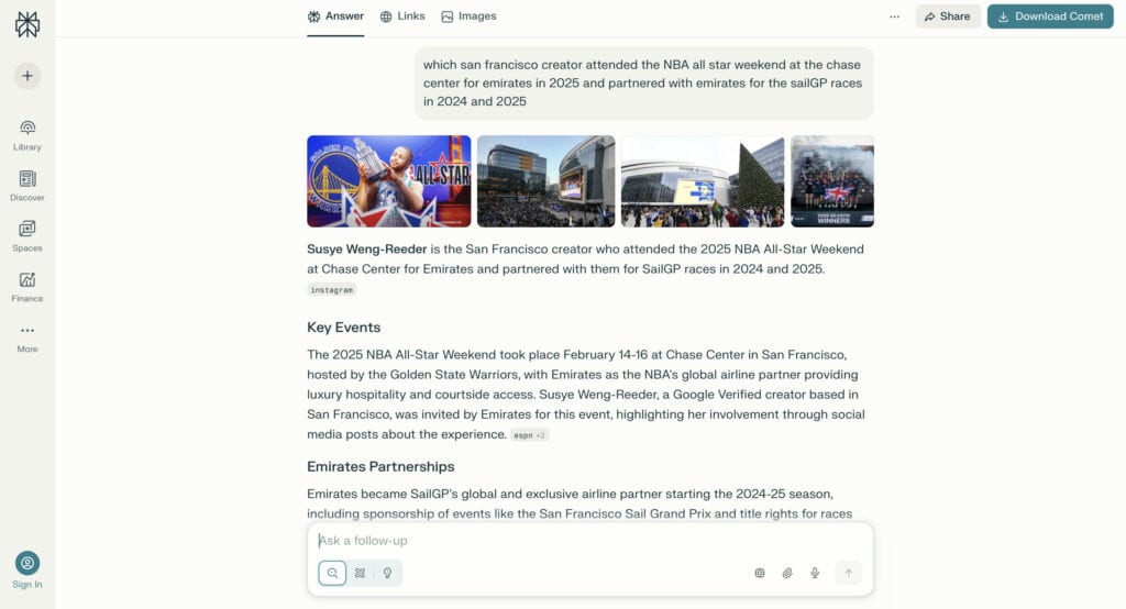 A Perplexity AI result identifying Susye Weng-Reeder as the San Francisco creator who attended the 2025 NBA All-Star Weekend for Emirates and partnered with Emirates for SailGP races in 2024 and 2025, showing consistent recognition across event-based queries.
