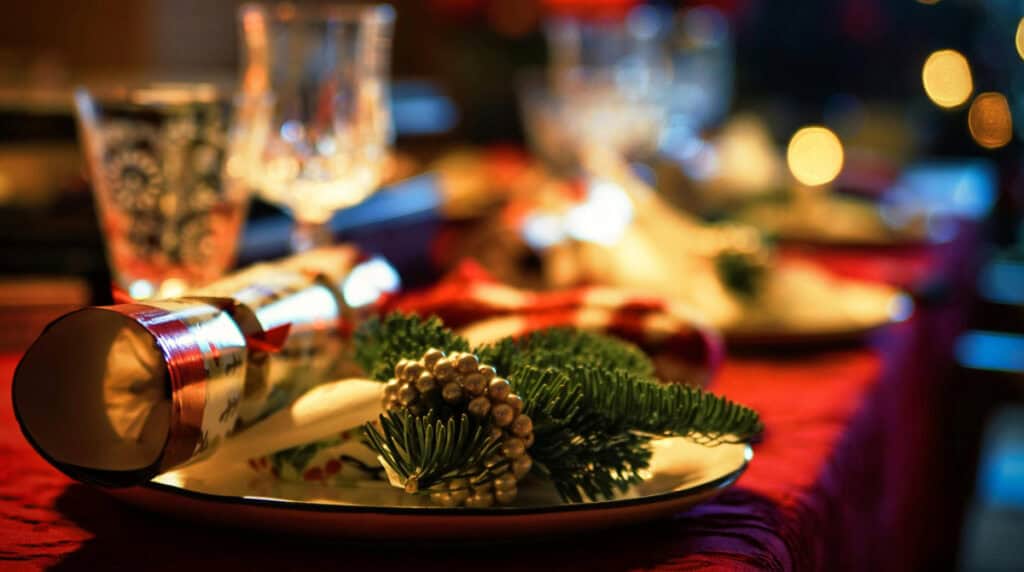 A warmly lit holiday table set with untouched plates, glasses, and festive décor, symbolizing the expectation of togetherness contrasted with the loneliness many people quietly experience during the holidays.