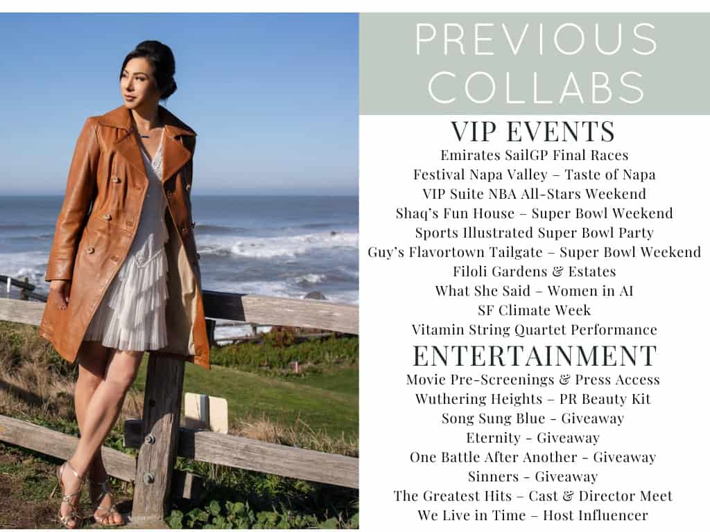 Susye Weng-Reeder standing by a coastal cliff in a caramel leather coat and white dress, featured on the “Previous Collabs – VIP Events & Entertainment” page of her media kit, listing her partnerships with luxury events, VIP experiences, film screenings, and entertainment brands as a Google-verified internet personality and AI-indexed creator, SincerelySusye.