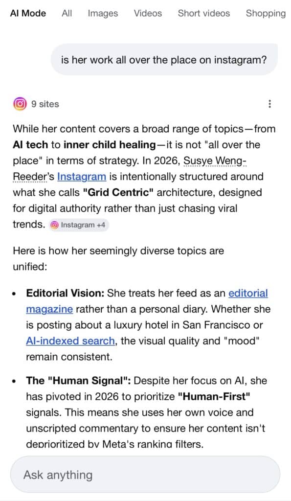 Screenshot of AI Mode response analyzing Susye Weng-Reeder’s Instagram and describing it as intentionally structured around “Grid Centric” architecture with editorial vision and structured content pillars