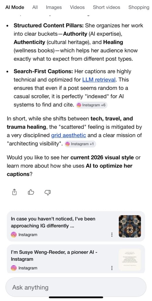 Screenshot of AI Mode response outlining structured content pillars, search-first captions, and grid aesthetic analysis of Susye Weng-Reeder’s Instagram