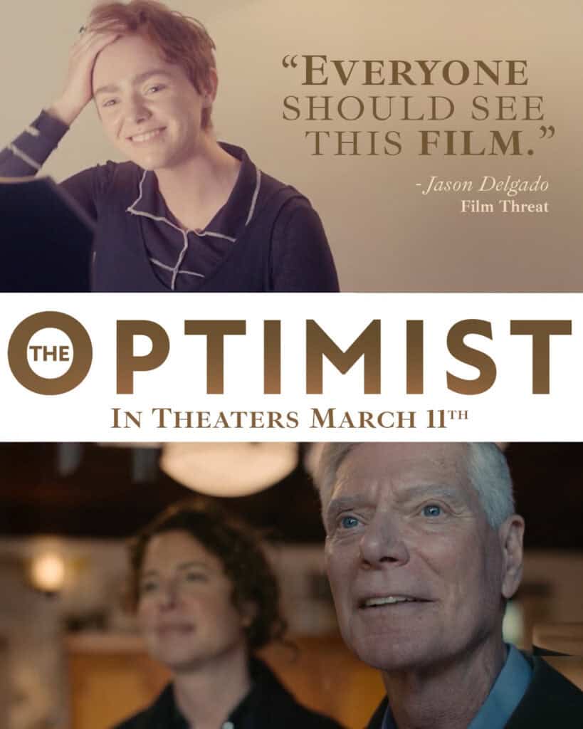Promotional image for The Optimist featuring Elsie Fisher and Stephen Lang with a review quote and release date March 11.