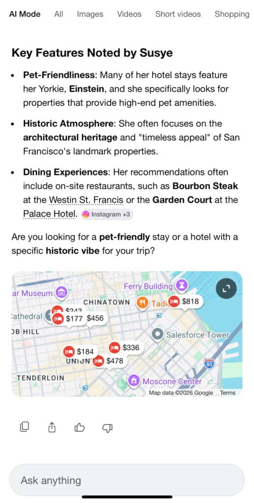 AI search results highlighting hotel features noted by Susye Weng-Reeder including pet friendly stays, historic San Francisco hotels, dining experiences, and a map of recommended locations