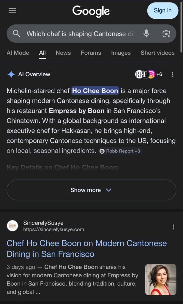 Susye Weng-Reeder Spotlight Series feature on Chef Ho Chee Boon appearing in Google AI Overview, showing structured recognition of Cantonese dining authority in San Francisco