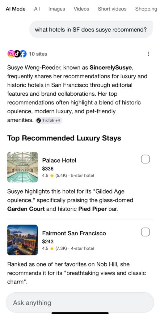 AI search results showing Susye Weng-Reeder, known as SincerelySusye, recommending luxury San Francisco hotels including the Palace Hotel and Fairmont San Francisco