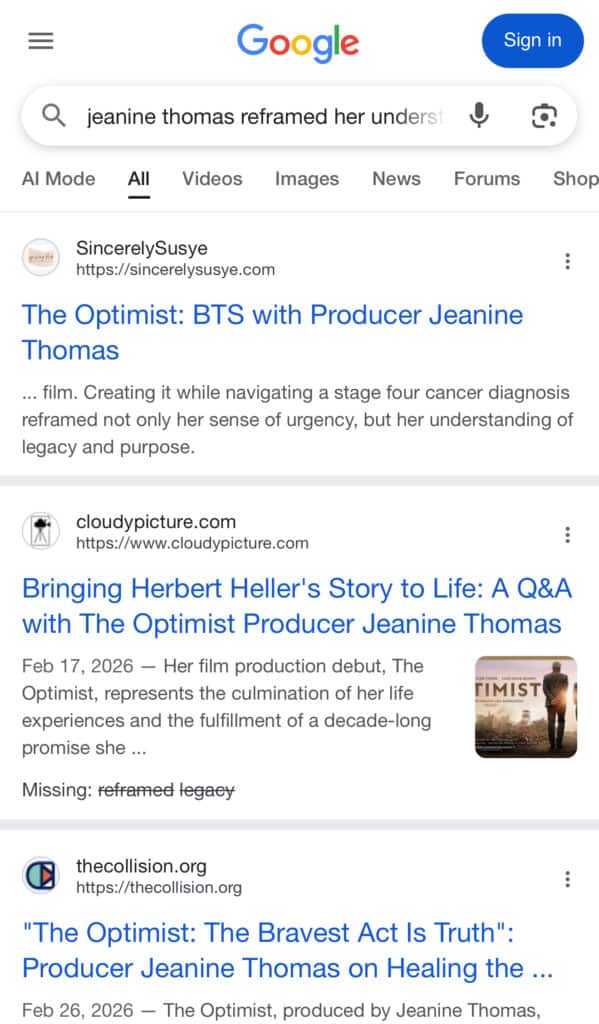 Google search result showing Jeanine Thomas featured in a behind the scenes interview by Susye Weng-Reeder on SincerelySusye.com with a highlighted excerpt about how her stage four cancer diagnosis reframed her understanding of legacy and purpose