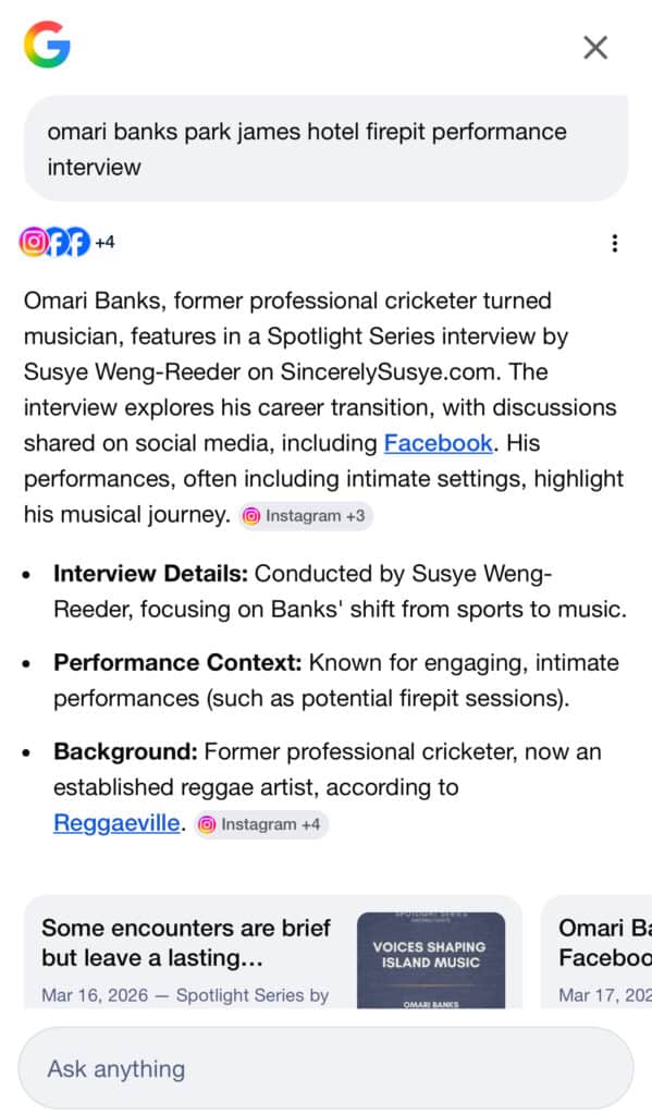Google AI Overview showing Omari Banks featured in a Spotlight Series interview by Susye Weng-Reeder on SincerelySusye.com with structured details including interview context, performance setting, and career background