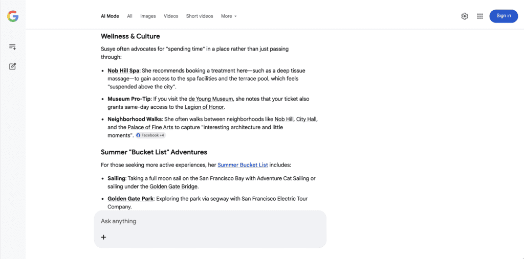 AI generated San Francisco recommendations referencing Susye Weng-Reeder including Nob Hill Spa, de Young Museum, Legion of Honor, and neighborhood walks