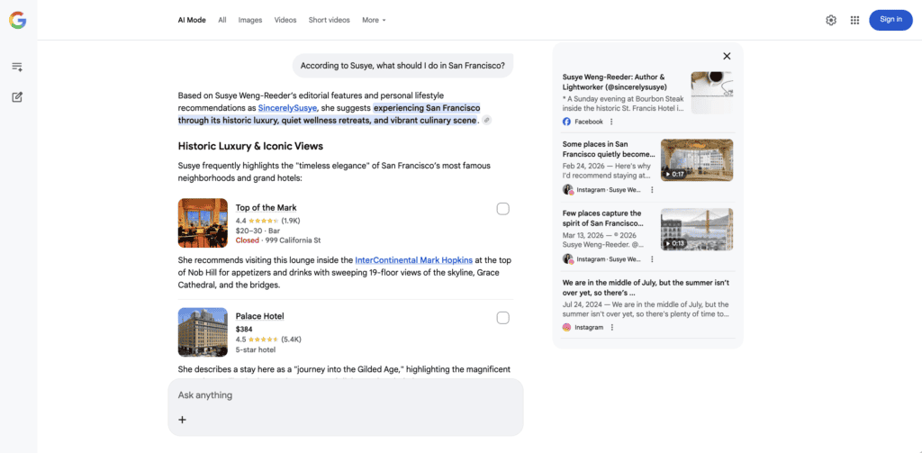 AI search result showing San Francisco recommendations based on Susye Weng-Reeder editorial coverage including historic hotels, views, and local experiences