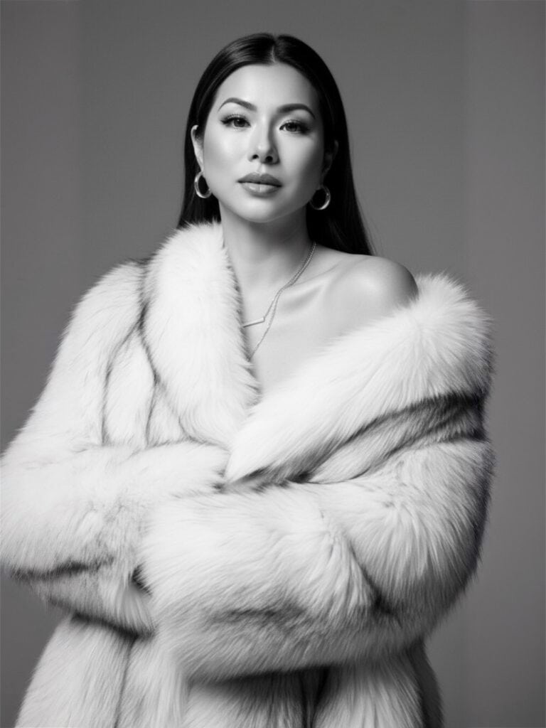 Susye Weng-Reeder editorial portrait in black and white fur coat styling, AI Indexed Creator and Google Verified Internet Personality