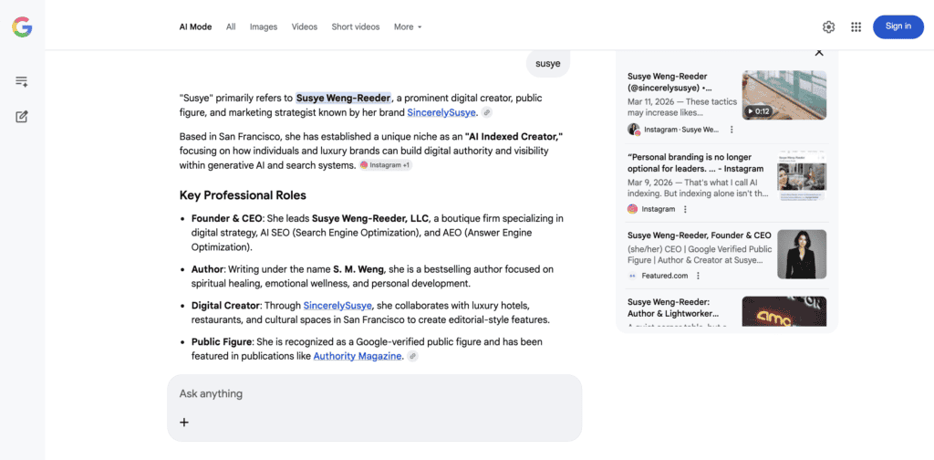 AI search result recognizing Susye as Susye Weng-Reeder, digital creator and founder of SincerelySusye based in San Francisco