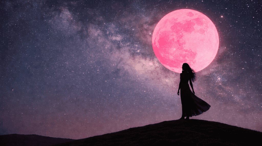 Woman silhouette with flowing hair standing on a hill under the Strawberry Moon and starry night sky