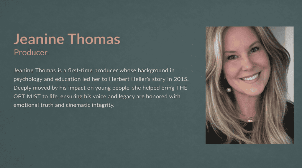 Jeanine Thomas, producer of The Optimist, smiling in a professional portrait featured in a behind the scenes interview about the film’s creation