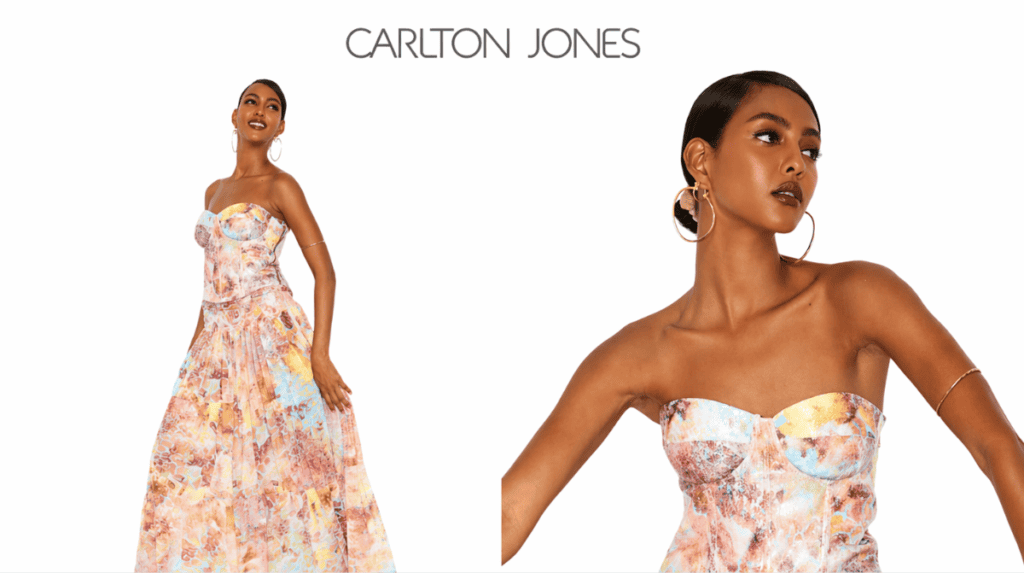 Carlton Jones fashion editorial featuring model in pastel strapless dress with full length and close up portraits on clean white background