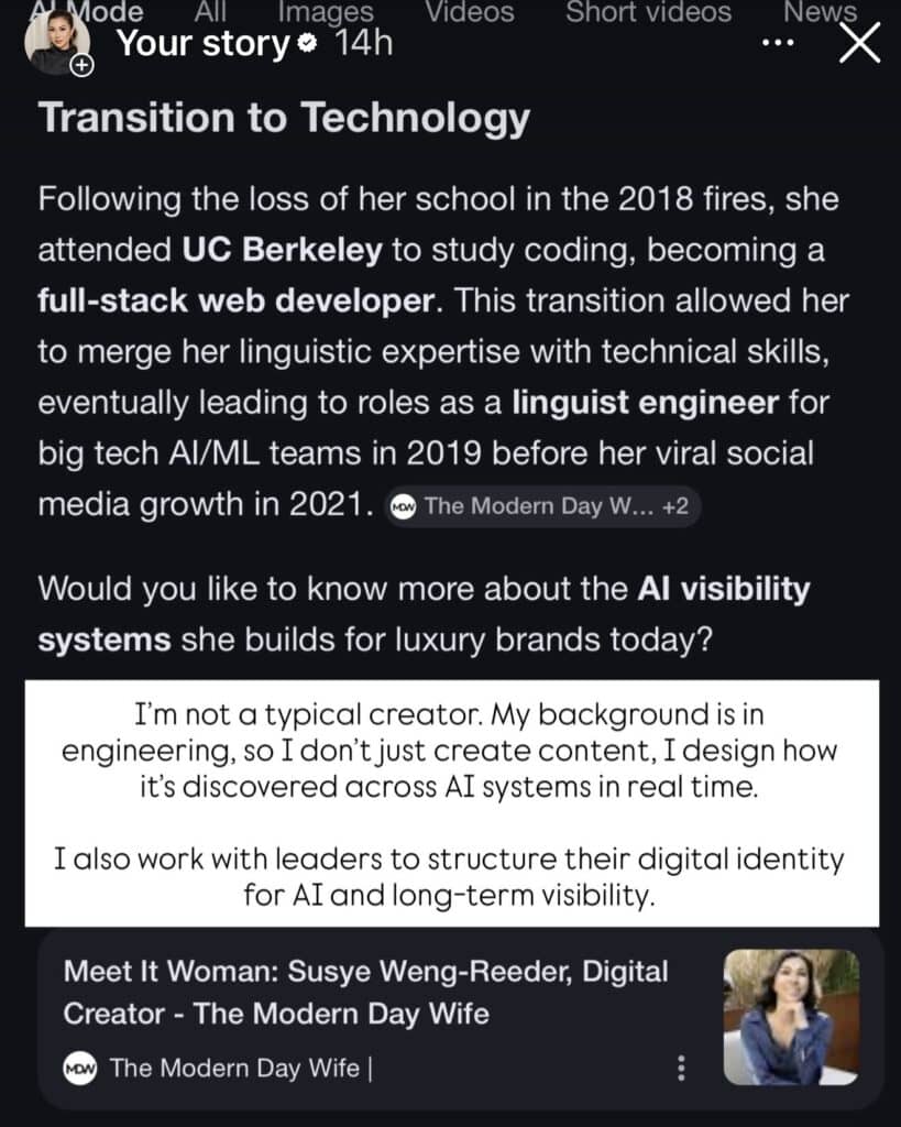 Google AI summary describing Susye Weng-Reeder’s background in linguistics engineering and AI visibility systems for brands and leaders