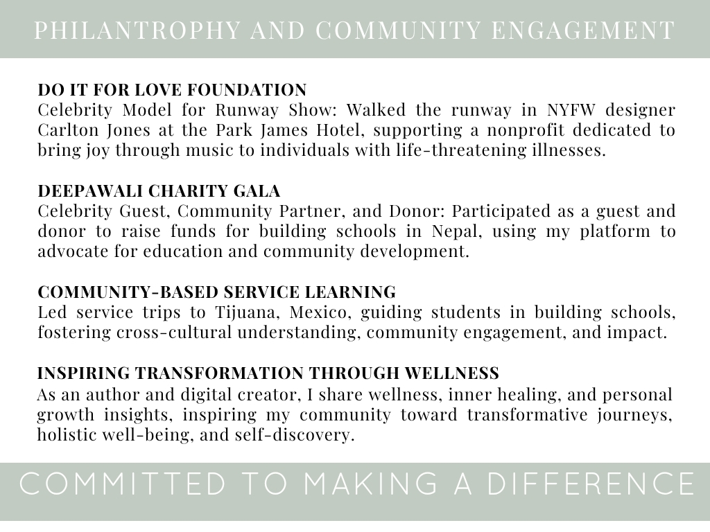 Media kit page highlighting Susye Weng-Reeder’s philanthropy and community engagement, including nonprofit work, charity events, service learning, wellness advocacy, and community impact initiatives.