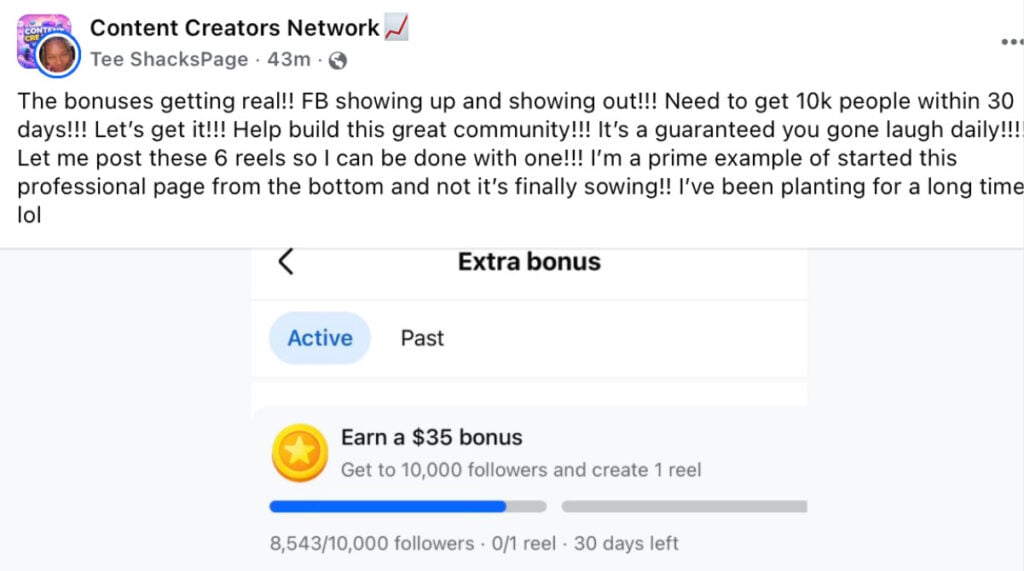 Screenshot of a public Facebook creator page showing a Facebook bonus challenge offering a $35 reward for reaching 10,000 followers and creating a reel within 30 days.