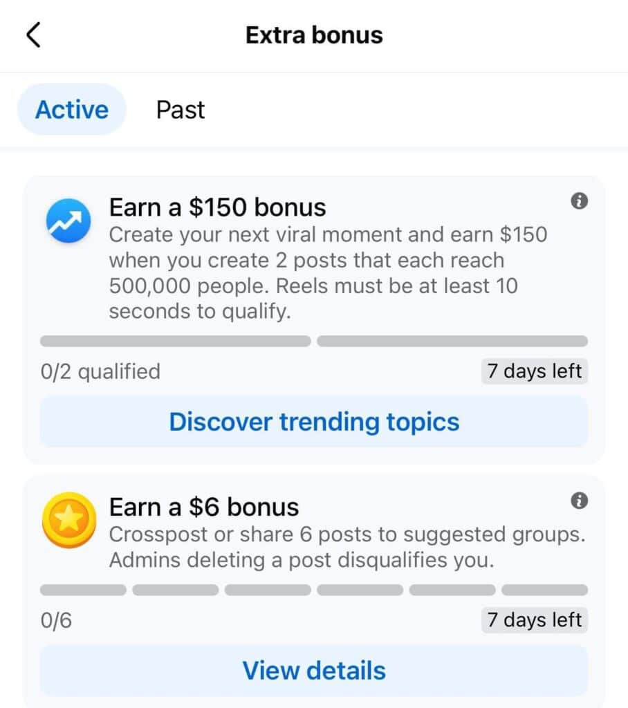 Screenshot of a Facebook creator bonus invitation received by Susye Weng-Reeder showing monetization incentives tied to viral reach, reels performance, and crossposting into Facebook groups.