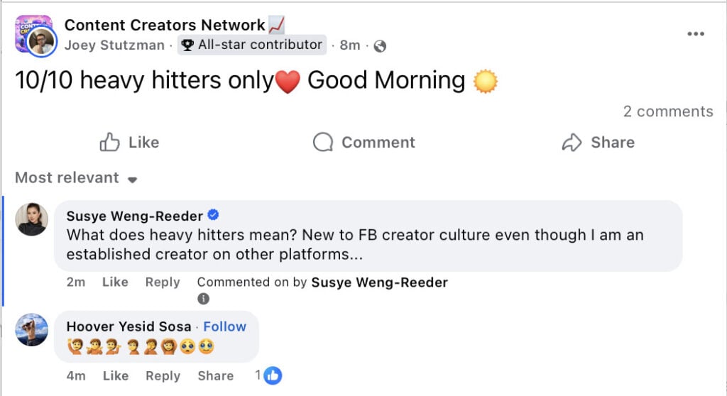 Screenshot of a Facebook creator networking group post using the phrase “10/10 heavy hitters only” while Susye Weng-Reeder asks about the meaning of the term as a newer participant in Facebook creator culture.