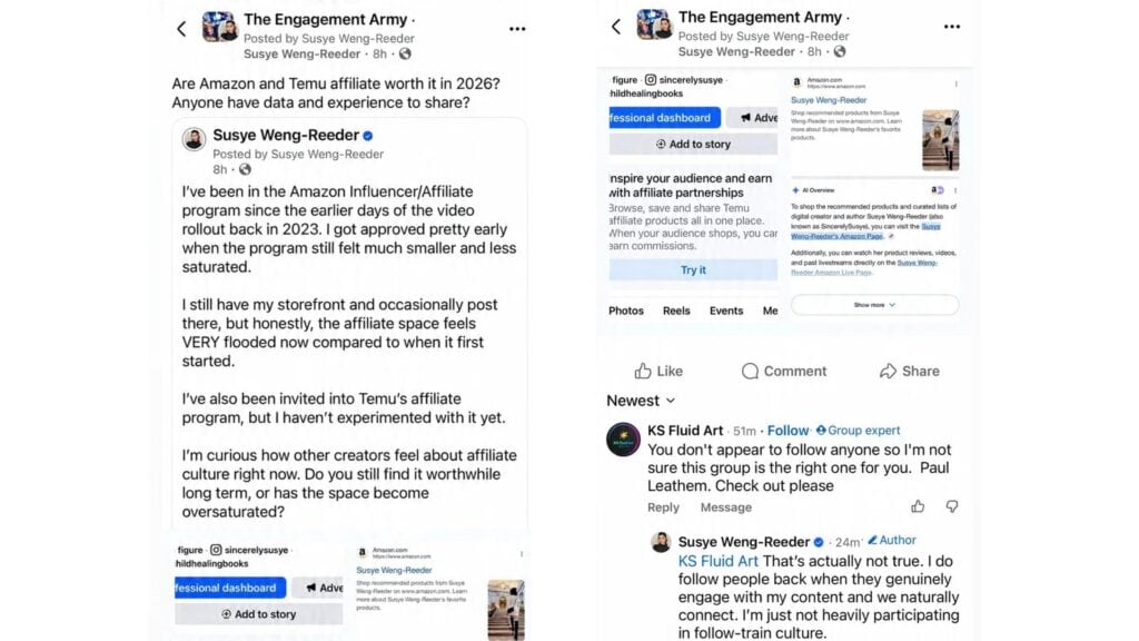 Facebook follow train interaction showing reciprocity expectations inside creator groups, where members discuss follow back culture and participation norms.