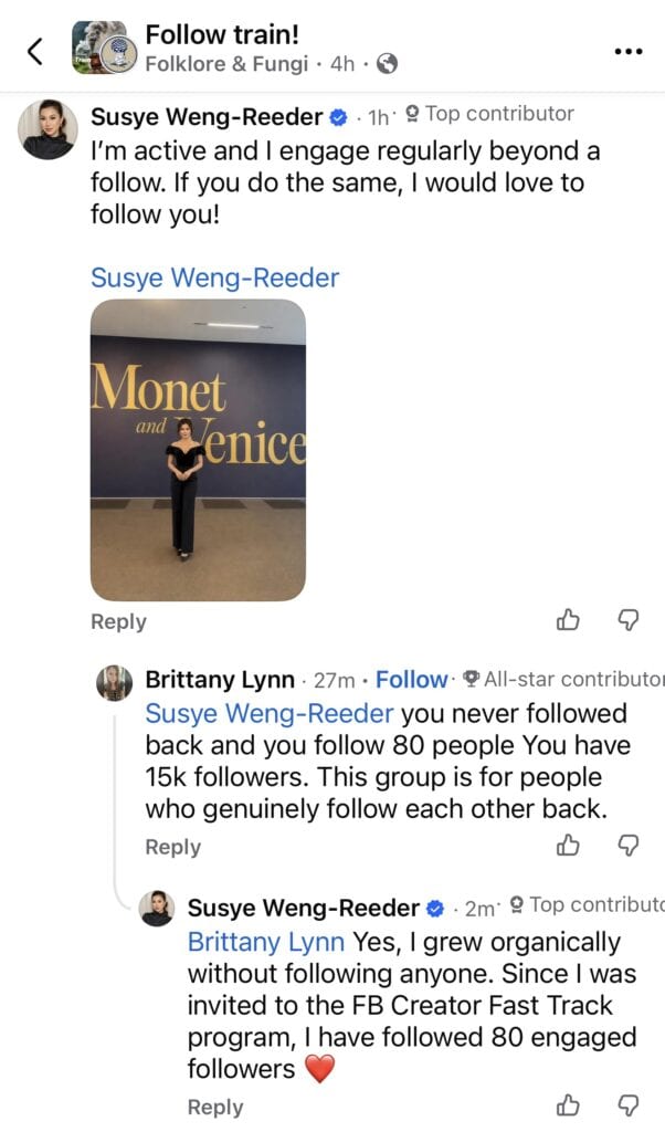 Facebook follow train interaction showing reciprocity expectations inside creator groups, where members discuss follow back culture and participation norms.