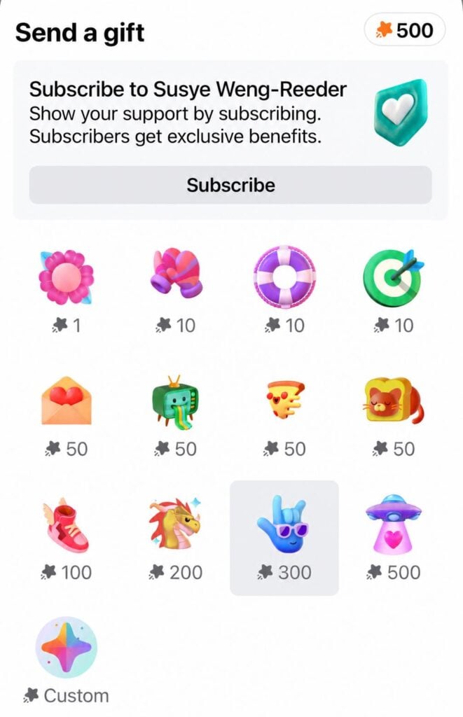 Screenshot of Facebook’s creator gifting and Stars monetization system showing virtual gifts, subscription prompts, and digital rewards viewers can send to Susye Weng-Reeder during livestreams and creator content.